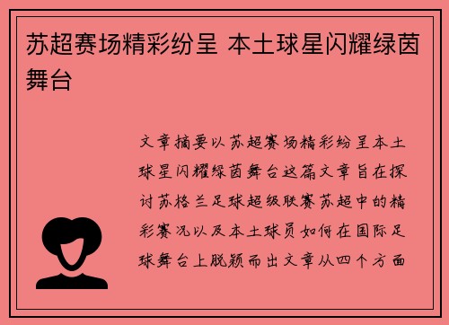 苏超赛场精彩纷呈 本土球星闪耀绿茵舞台